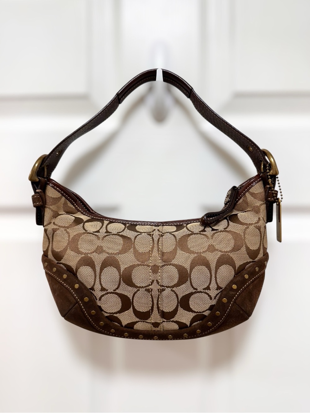 Coach Hamptons Studded Hobo Bag Signature Canvas Suede Brown Vintage 7057